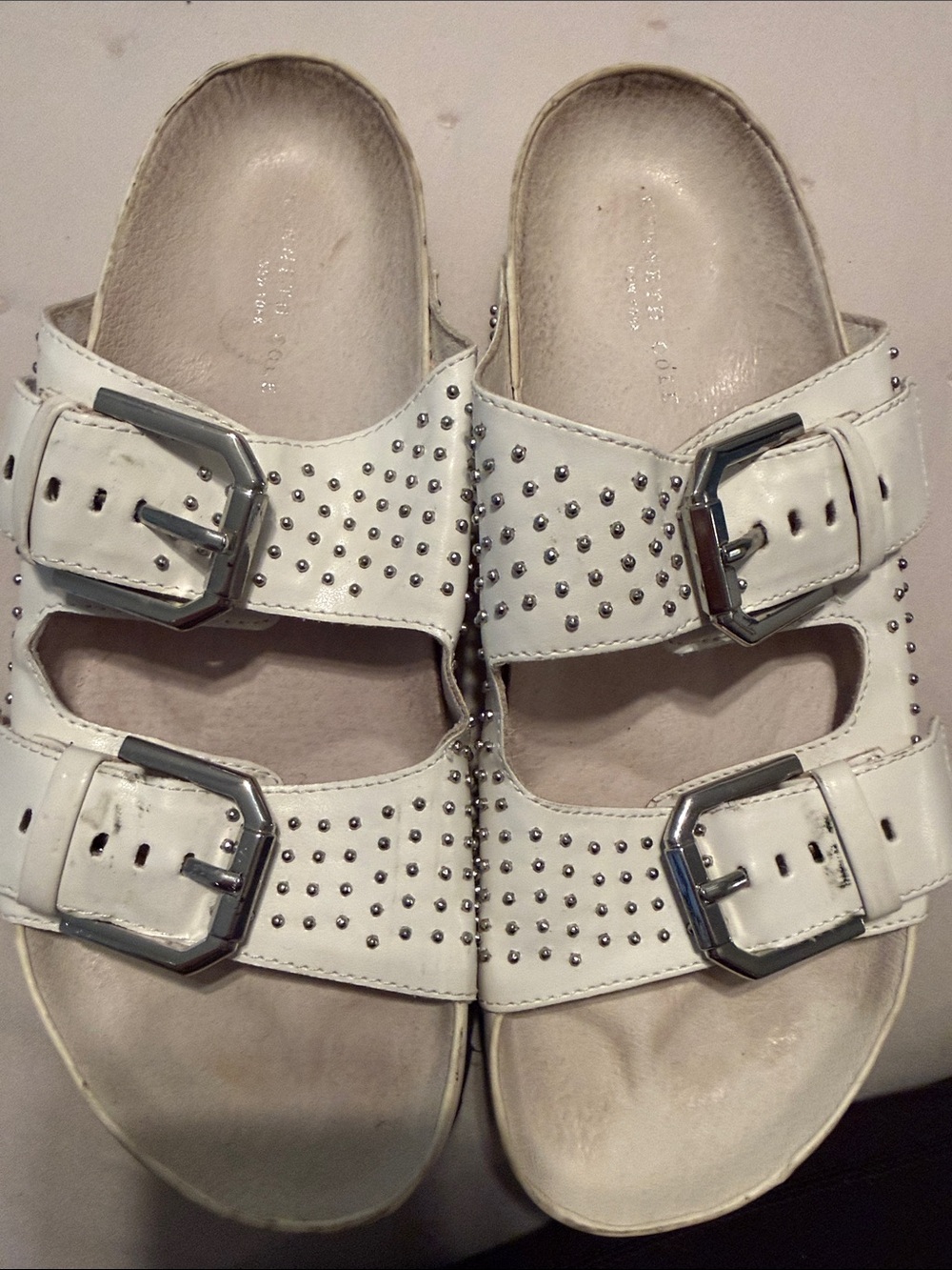 Kenneth Cole White Double-Buckle Studded Slide Sandals